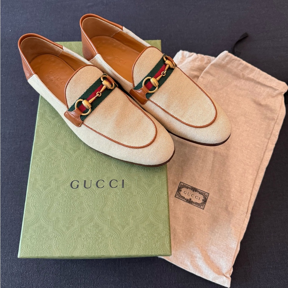 Gucci Brixton Horsebit Men's Canvas and Leather Brown Cream Loafers, G7.5/US8.5